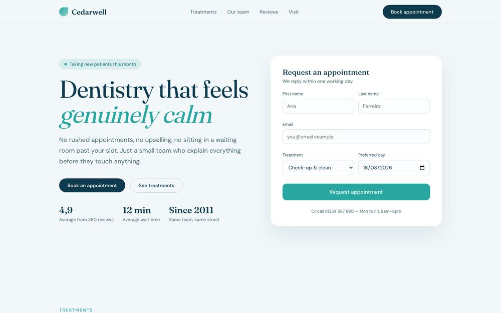 Cedarwell demo site — dental clinic homepage with booking form